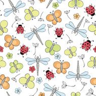 vector seamless pattern with butterfly dragonfly ladybirds and flowers N2