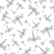 seamless vector pattern with dragonfly and dandelion on white background