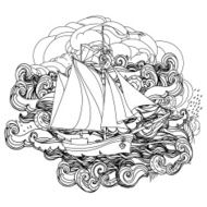 black and white ship on the background of clouds