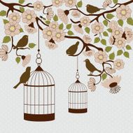 Floral branch with birds and birdcage