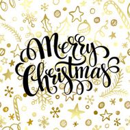 Merry Christmas lettering in golden seamless pattern