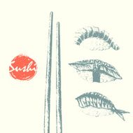 Nigiri sushi set and chopsticks sketch background N2