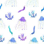 Algae and jellyfishes seamless pattern in watercolor N3