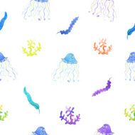 Algae and jellyfishes seamless pattern in watercolor N4