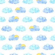 Clouds and sun seamless pattern in watercolor