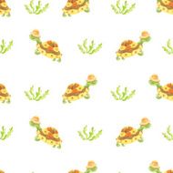 Turtle and plants seamless pattern in watercolor N4