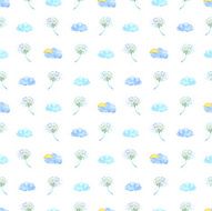 Dandelion and clouds seamless pattern in watercolor