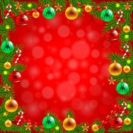 Christmas tree branches around the red background