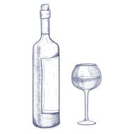 sketch bottle and glasse of wine on a white background