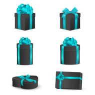Set of black gift boxes with blue bows and ribbons