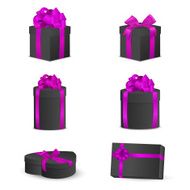 Set of black gift boxes with pink bows and ribbons