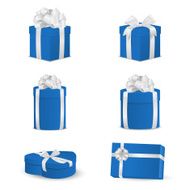 Set of blue gift boxes with white bows and ribbons