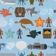 Ocean life seamless pattern Shark and aquatic turtle submarine