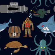 Deep sea seamless pattern Diver and shark on black background N2