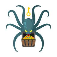 Octopus guarding pirate treasures Gold chest kraken Cthulhu a