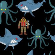 Diver in old diving suit and sea monsters seamless pattern