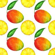 Watercolor seamless pattern mango fruits green leaves pineapples