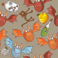 Seamless halloween vector pattern with cats bats pumpkins