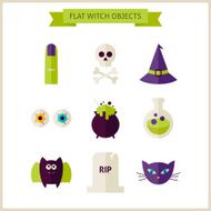 Flat Magic Halloween Witch Objects Set