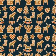 Seamless pattern with xmas tree candy cane angel deer stocking