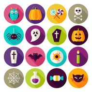 Flat Halloween Trick Treat Circle Icons Set with long Shadow