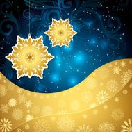Golden snowflakes and frosty patterns on a dark blue background N2