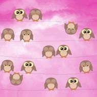 Owls sitting on power lines against the pink sky
