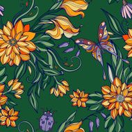 seamless pattern of colourful flowers and leaves with butterflie