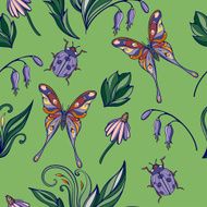 seamless pattern of colourful flowers and leaves with butterflie N2
