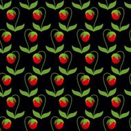 Red strawberries with green leaves on a black background Seamle