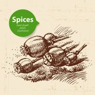 Kitchen herbs and spices Vintage background with hand drawn ske N5