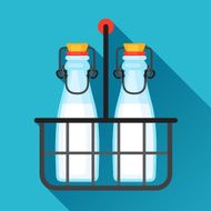 Illustration milk bottles and wire carrier in flat design style