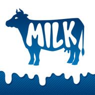 Cow silhouette emblem design on drips of milk background