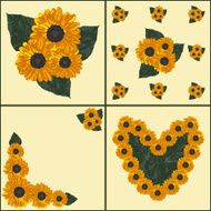 Four postcards with sunflower and leaves in yellow colors