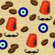 Turkish seamless pattern with fez mustache coffee beans and eye N2