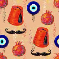 Turkish Seamless pattern with fez mustache pomegranate and eye