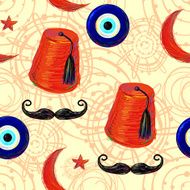 Turkish Seamless pattern with fez mustache Crescent and Star eye