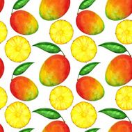 Watercolor seamless pattern with pineapples and mango N2