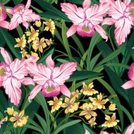 Pink and yellow flowers on a black background