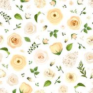 Seamless pattern with white flowers and green leaves Vector illustration