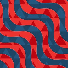 Retro 3D red and blue waves with overlaying triangles