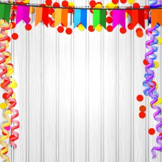 Festive flags serpentine and confetti on a wooden background N2