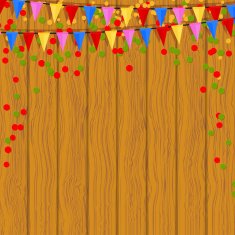 Festive flags and confetti on a wooden background Vector N2