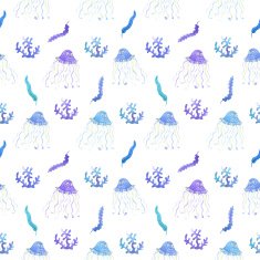 Algae and jellyfishes seamless pattern in watercolor
