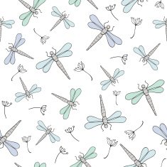 seamless vector pattern with dragonfly and dandelion on white background