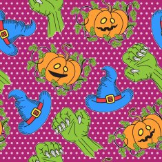 Halloween seamless pattern with pumpkin zombie hands wizzard hat vector