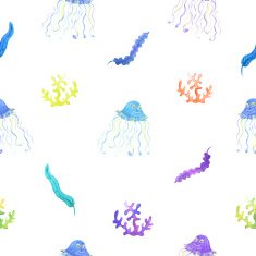 Algae and jellyfishes seamless pattern in watercolor N4