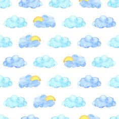 Clouds and sun seamless pattern in watercolor