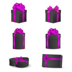 Set of black gift boxes with pink bows and ribbons