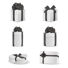 Set of white gift boxes with black bows and ribbons